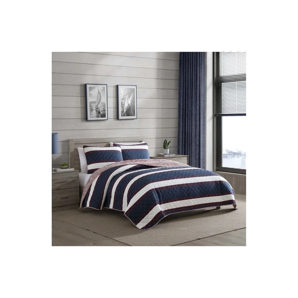 Nautica Twin Quilt Set Marina Stripe Navy Blue White Red Reversible Cotton 2 Pc